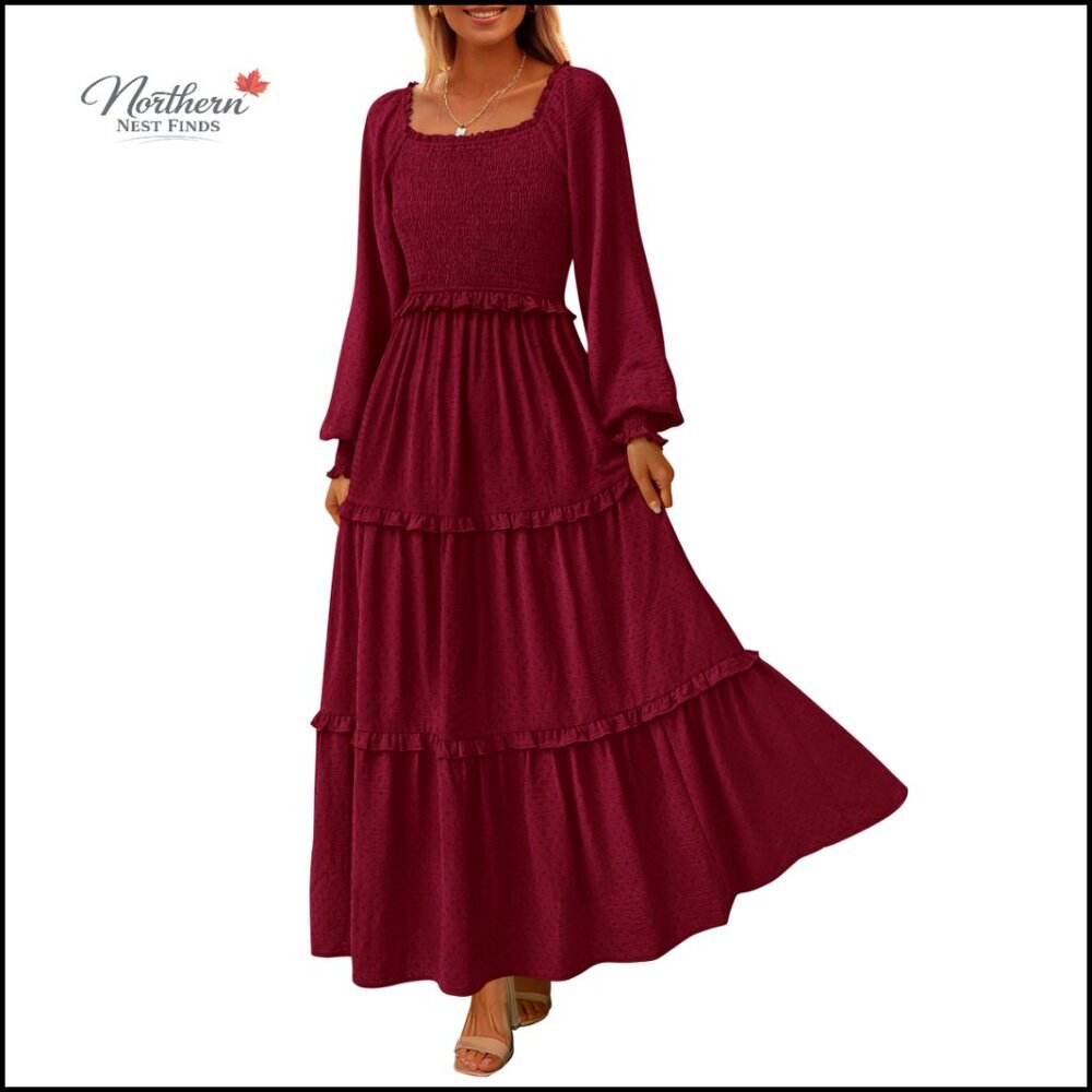 Long Sleeve Smocked Square Neck Tiered Maxi Dress with Pockets
